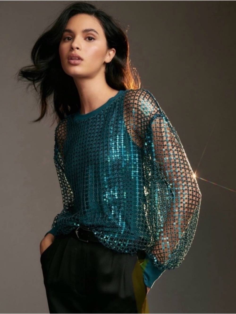 Pilcro Teal Sequin Mesh Jersey Long-Sleeve Top